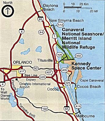 Canaveral and Merritt Island National Seashore area map of eastern Florida.