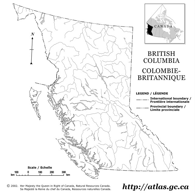 Province map showing rivers and lakes of British Columbia province.