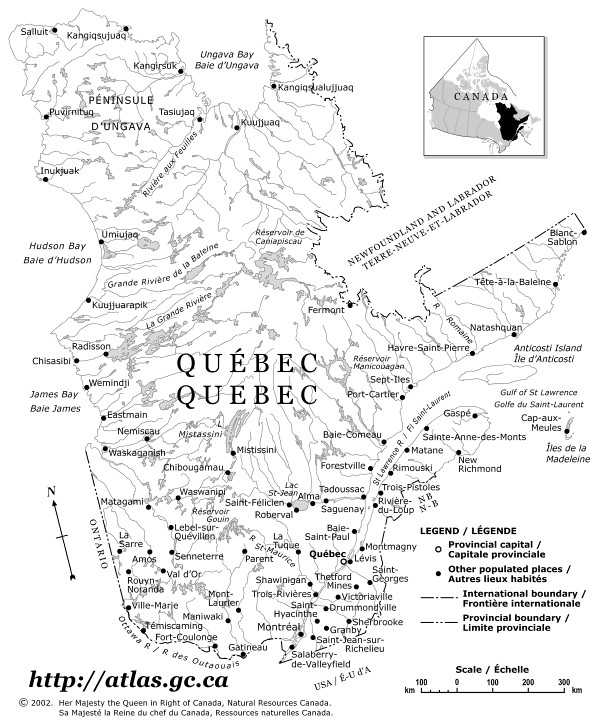 world map outline with country names. Canada in Quebec Map