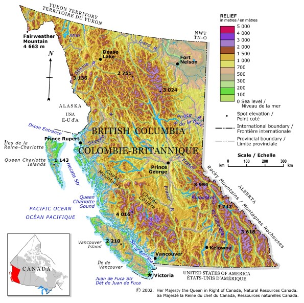 To zoom in, click on the Relief elevation Map of BC Province on the right.