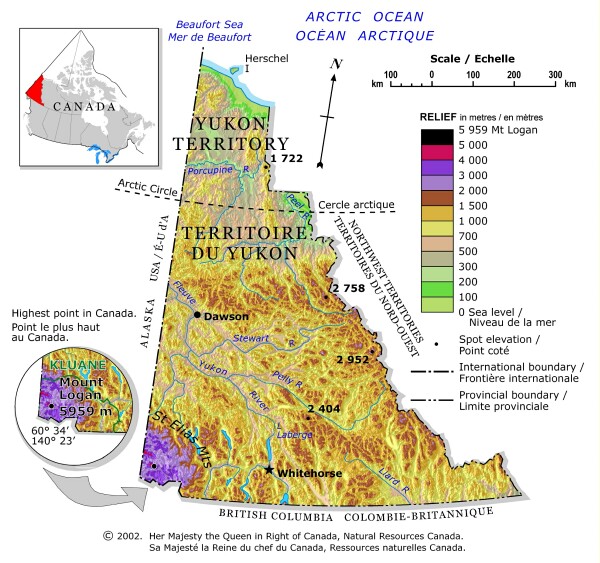 Elevation map showing land elevation and highest mountains of Yukon 