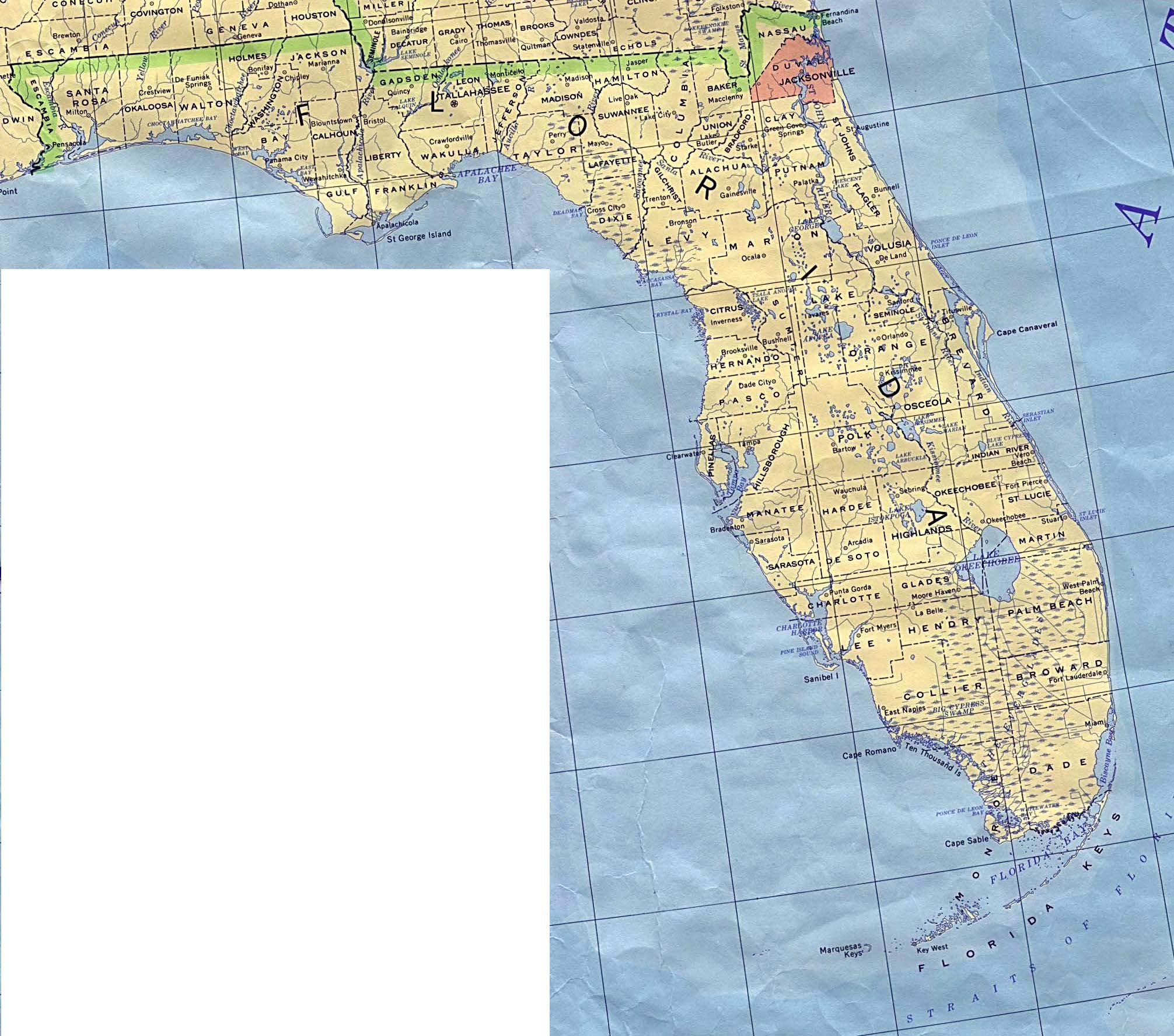 Reference map showing county boundaries and rivers of Florida state