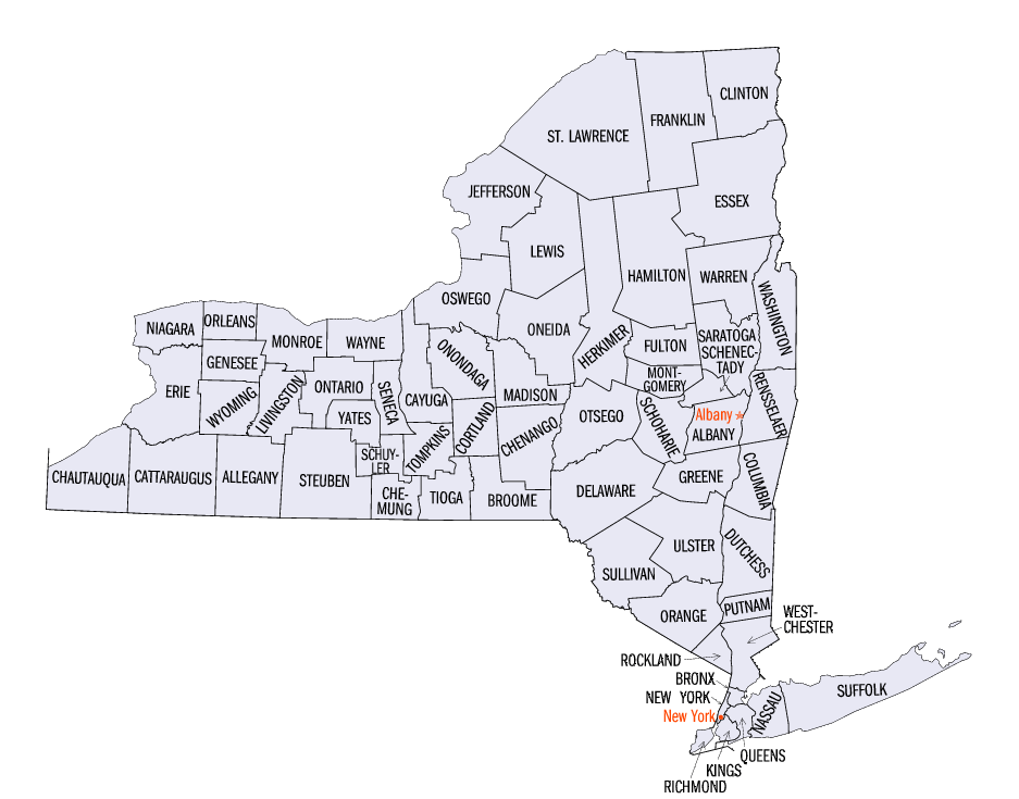 To zoom in, click on the County outline Map of NY State on the right