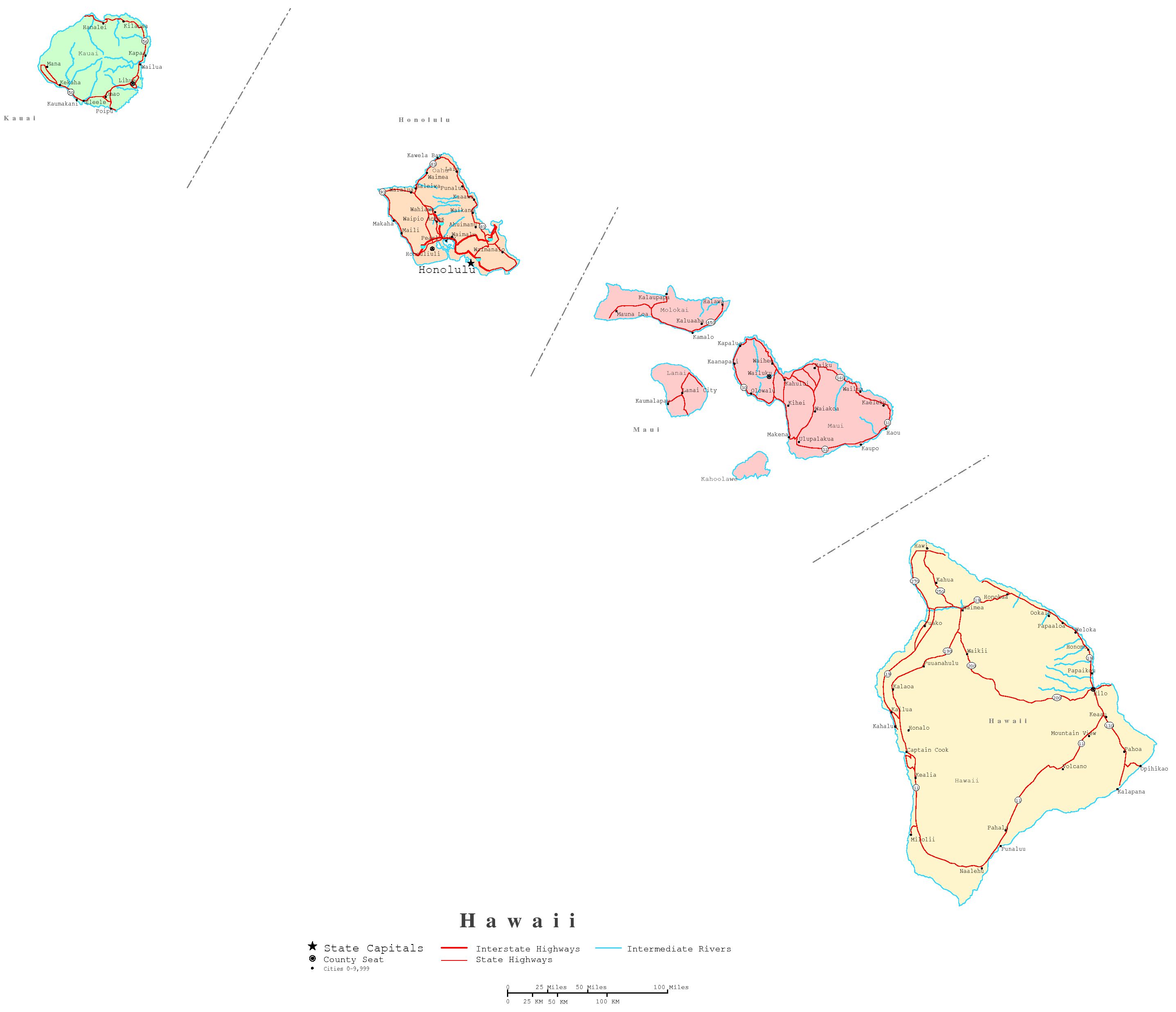 printable map of Hawaii state, HI political map
