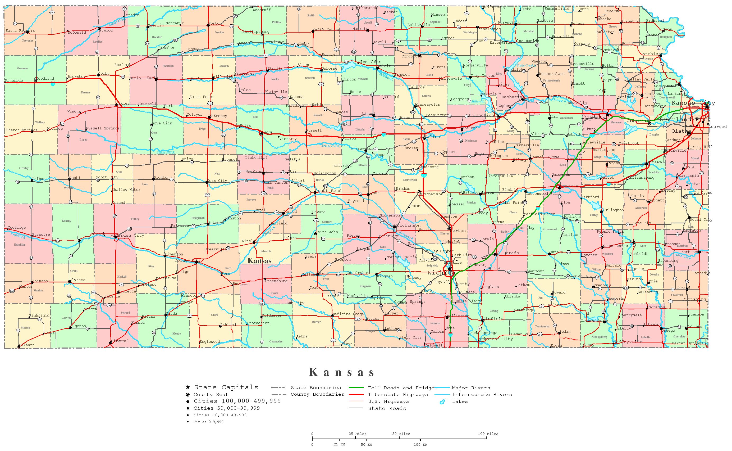 Large Detailed Roads And Highways Map Of Kansas State With Cities
