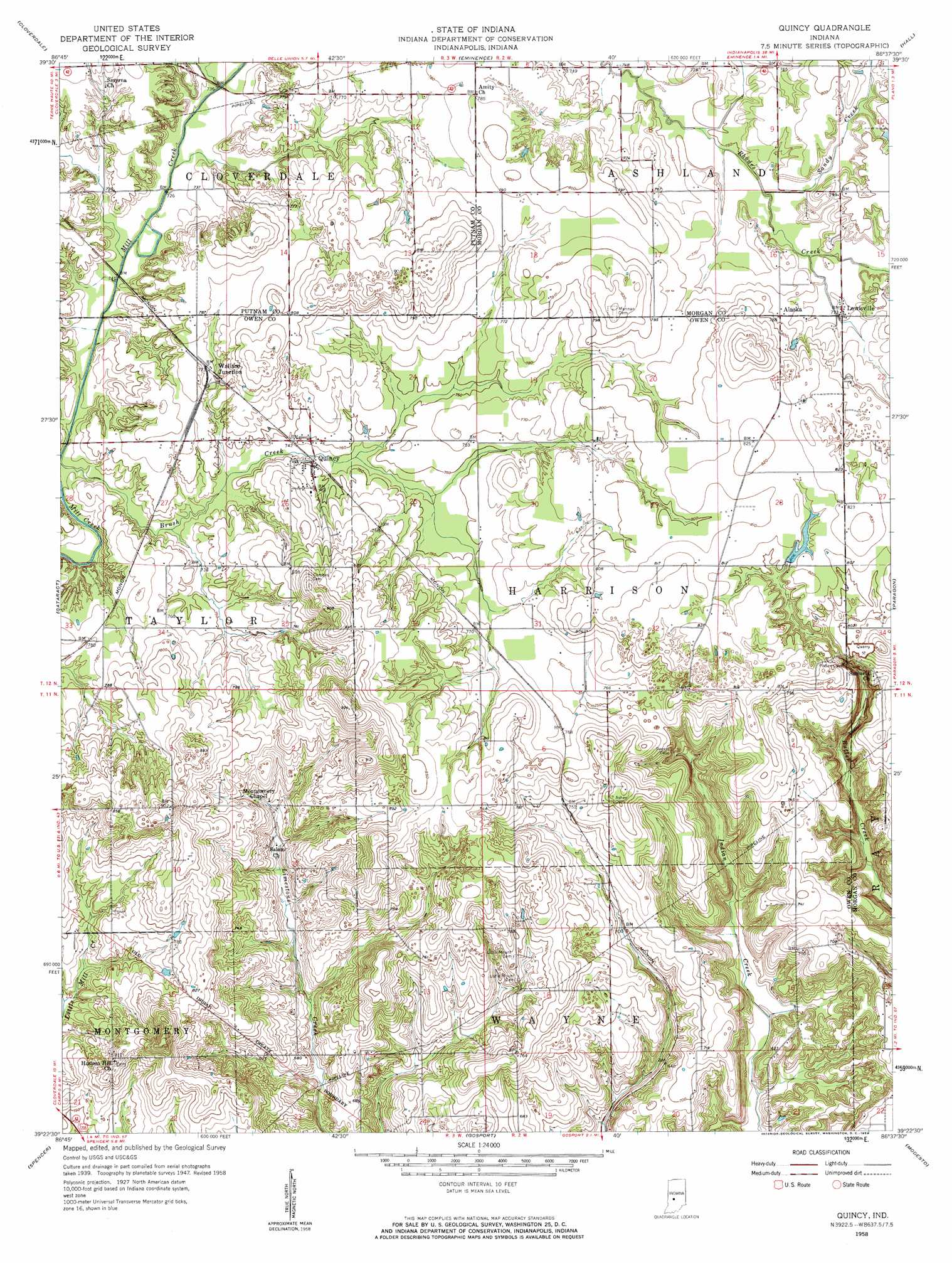Quincy topographic map, IN - USGS Topo Quad 39086d6