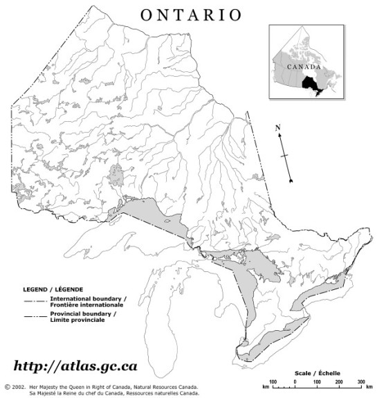 outline map of Ontario province, ON government map