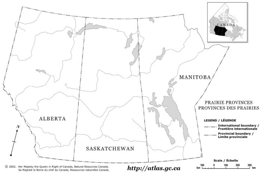 outline map of Prairies provinces, SK province map