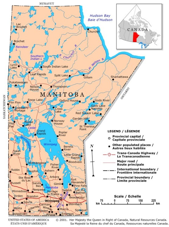 political map of Manitoba province, MB color map