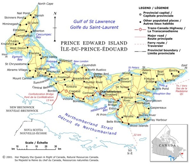 political map of Prince Edward Island province, PE color map