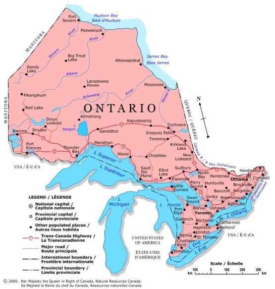 political map of Ontario province, ON color map