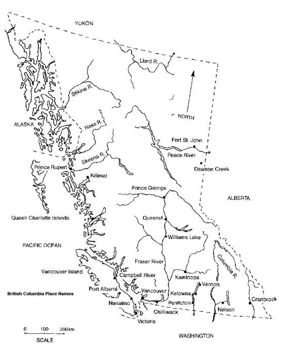 printable map of British Columbia province, BC black and white map