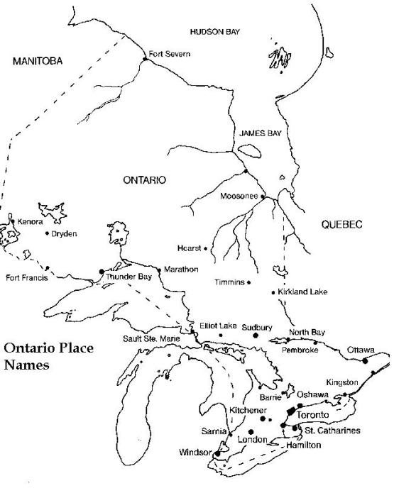 printable map of Ontario province, ON black and white map