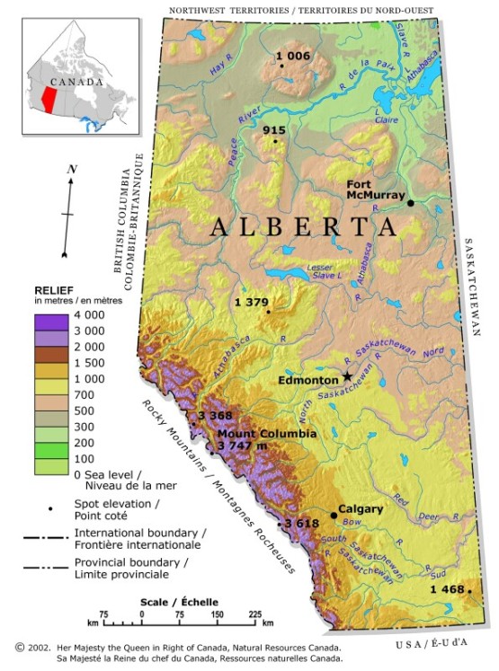 relief map of Alberta province, AB elevation map