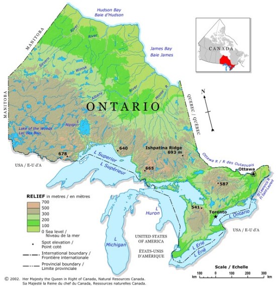 relief map of Ontario province, ON elevation map