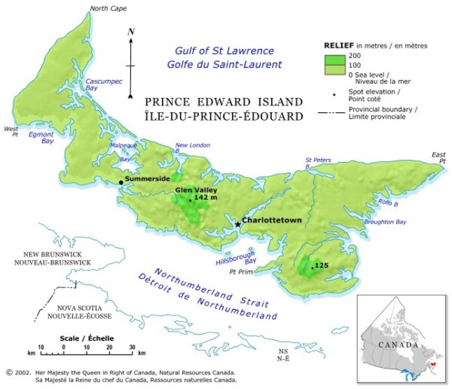 relief map of Prince Edward Island province, PE elevation map