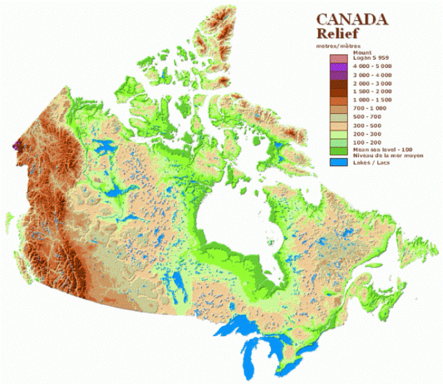 relief map of Canada provinces, CAN elevation map