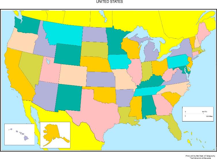blank map of United States states, USA color-coded map