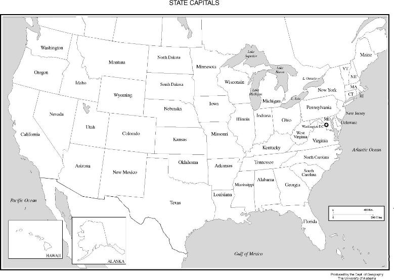 labeled map of United States states, USA black and white map