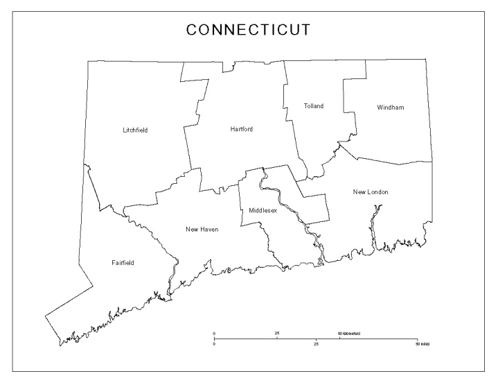 labeled map of Connecticut state, CT county map