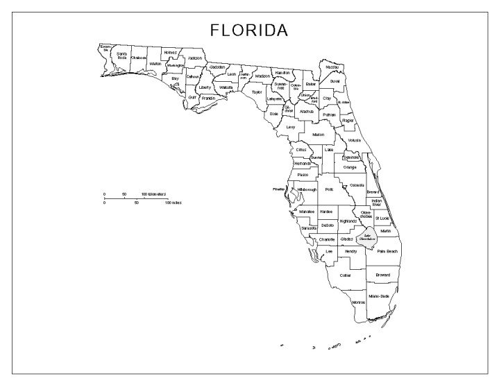labeled map of Florida state, FL county map