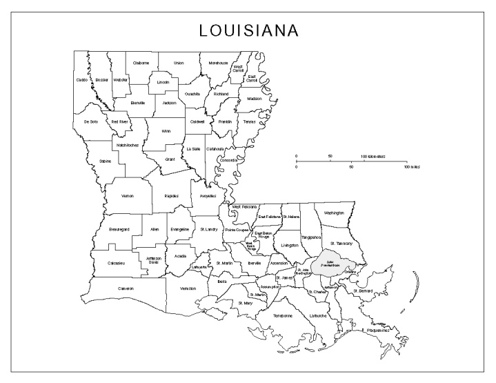 labeled map of Louisiana state, LA county map