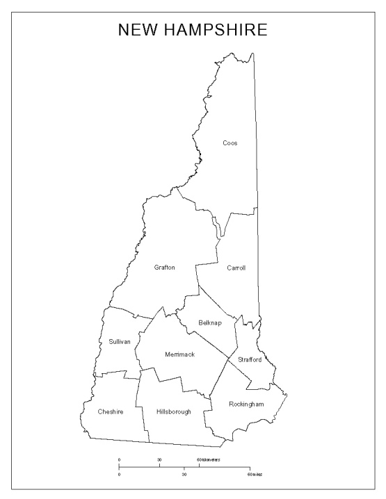 labeled map of New Hampshire state, NH county map