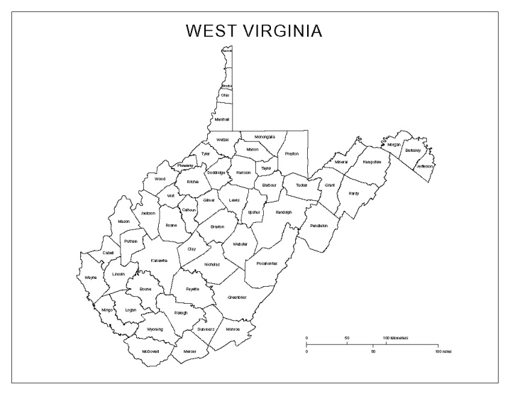 labeled map of West Virginia state, WV county map