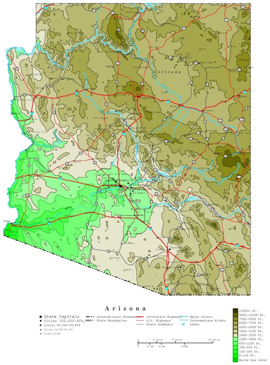 contour map of Arizona state, AZ elevation map