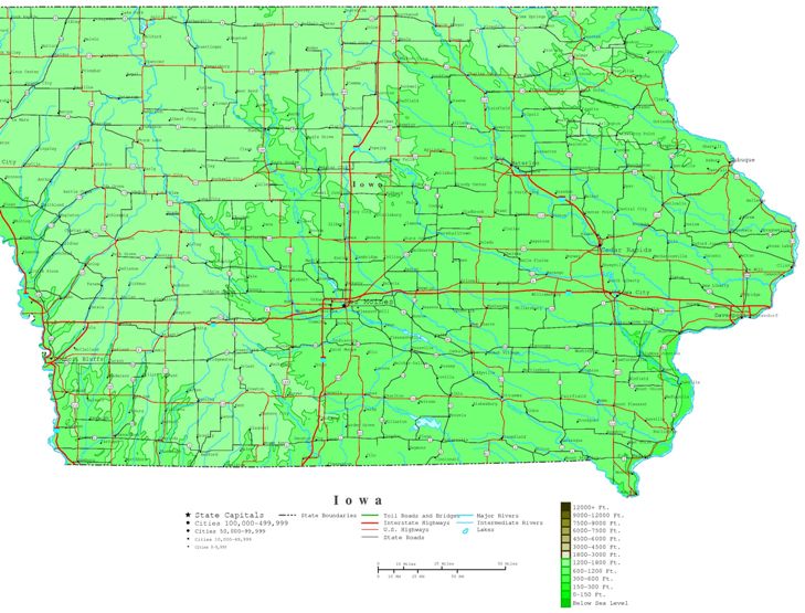 contour map of Iowa state, IA elevation map