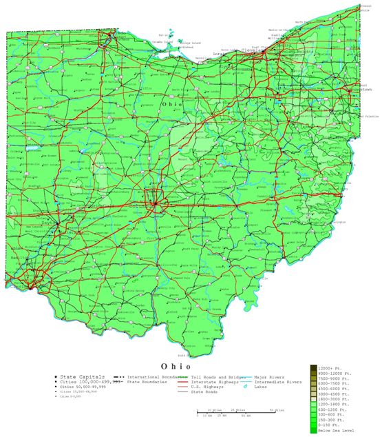 contour map of Ohio state, OH elevation map