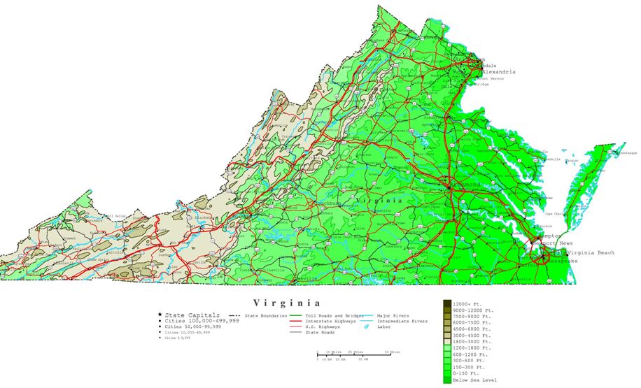 contour map of Virginia state, VA elevation map