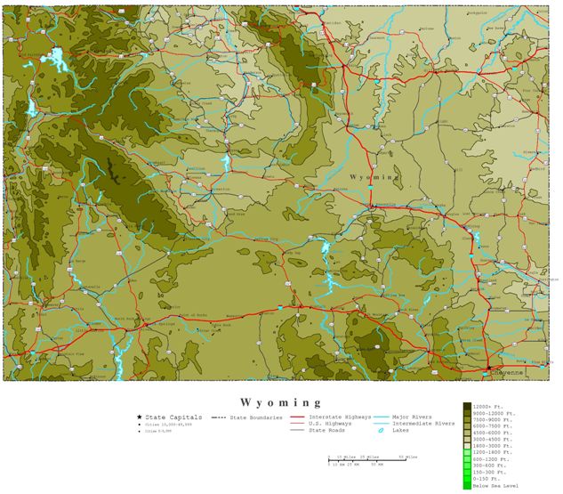 contour map of Wyoming state, WY elevation map
