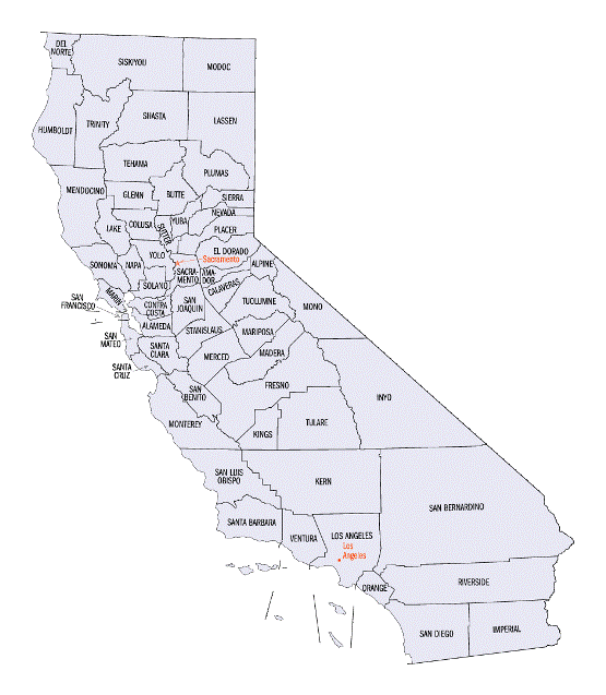 county map of California state, CA outline map
