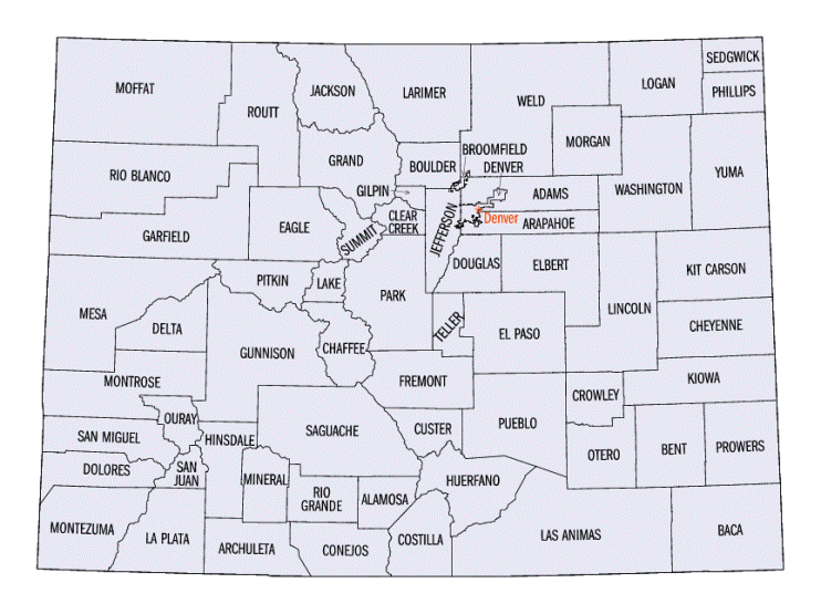 county map of Colorado state, CO outline map