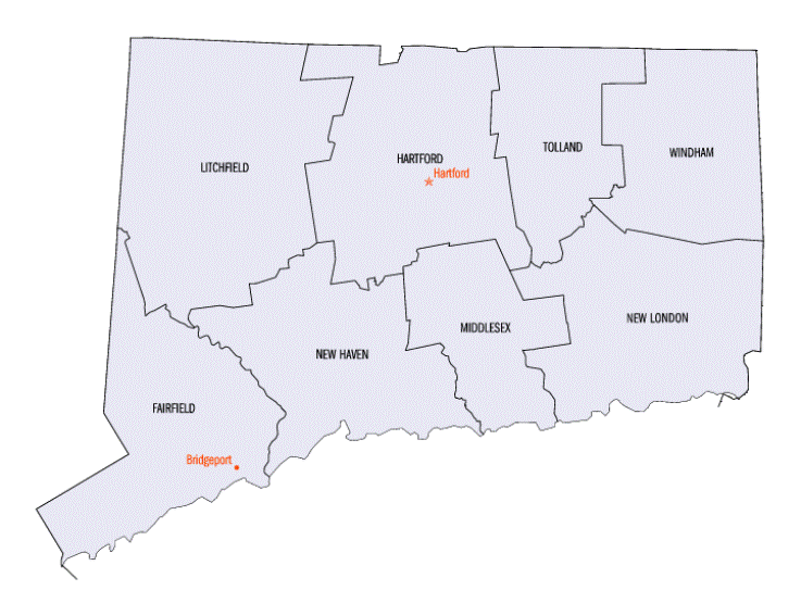 county map of Connecticut state, CT outline map