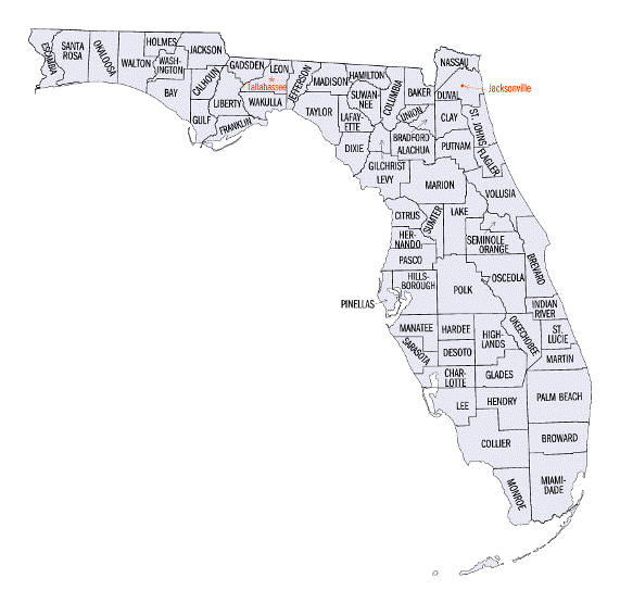county map of Florida state, FL outline map