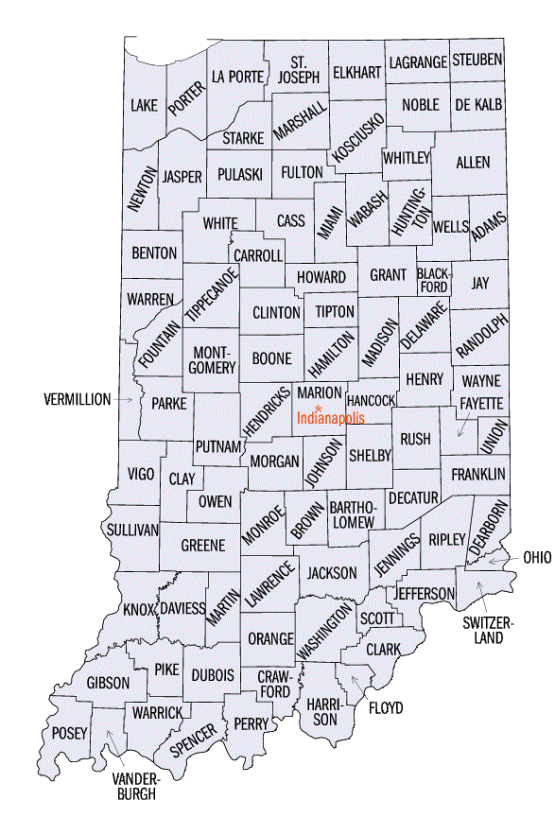 county map of Indiana state, IN outline map