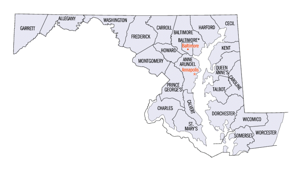 county map of Maryland state, MD outline map