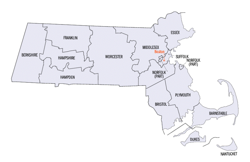 county map of Massachusetts state, MA outline map