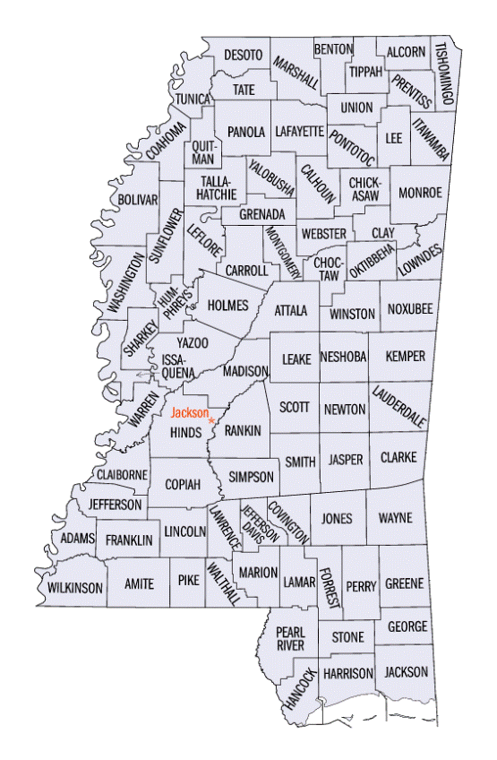 county map of Mississippi state, MS outline map