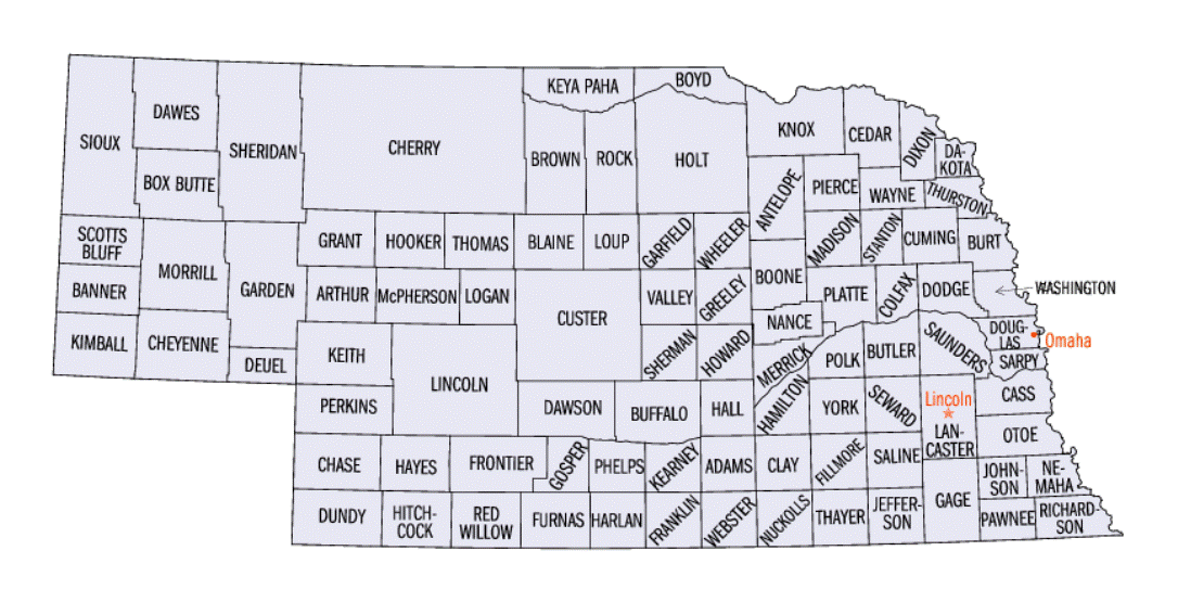 county map of Nebraska state, NE outline map