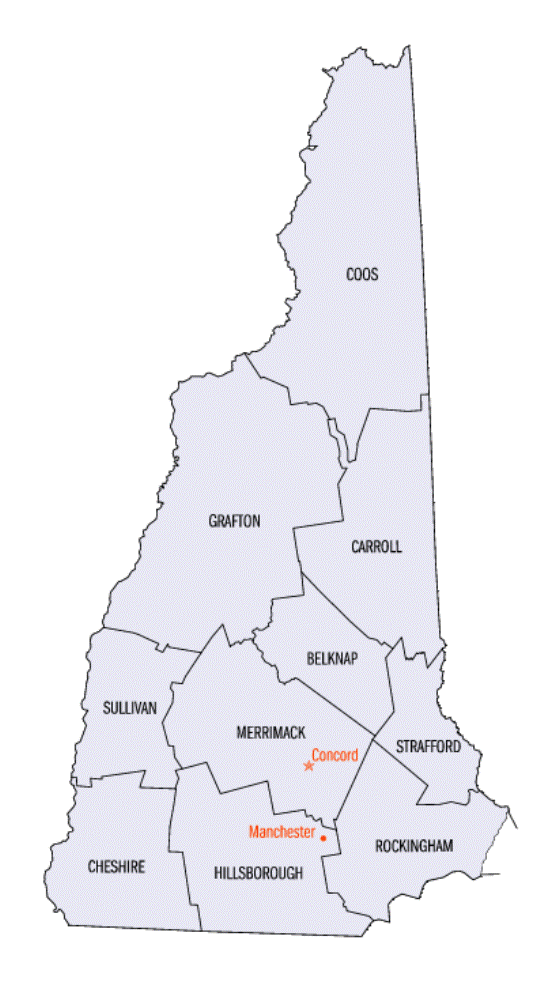 county map of New Hampshire state, NH outline map