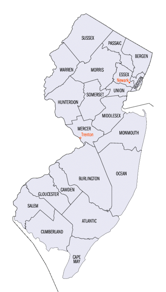 county map of New Jersey state, NJ outline map