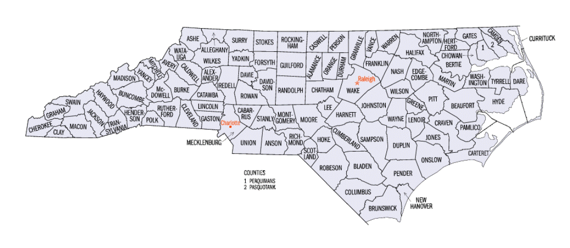 county map of North Carolina state, NC outline map