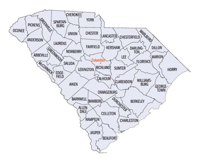 county map of South Carolina state, SC outline map