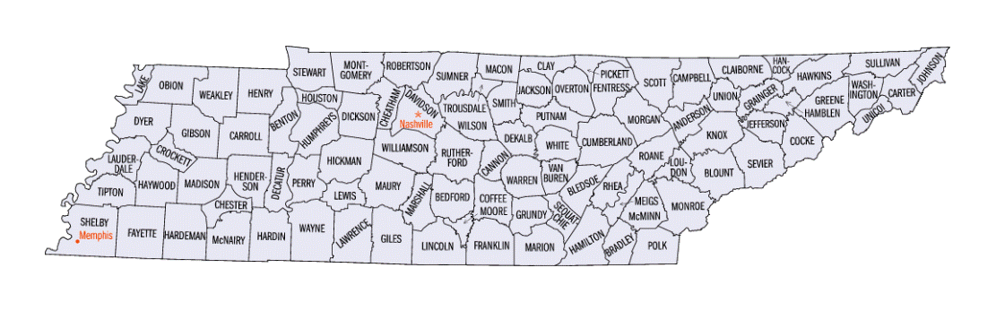 county map of Tennessee state, TN outline map
