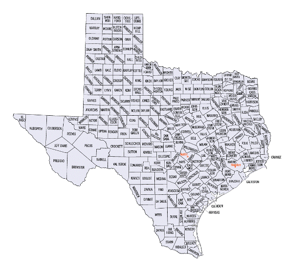 county map of Texas state, TX outline map