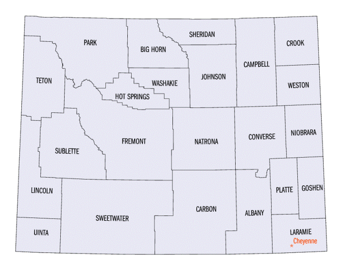 county map of Wyoming state, WY outline map