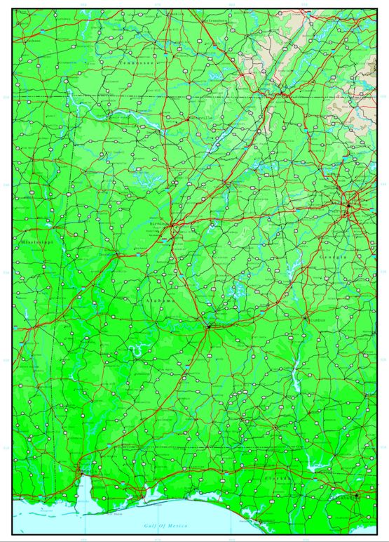 elevation map of Alabama state, AL contour map
